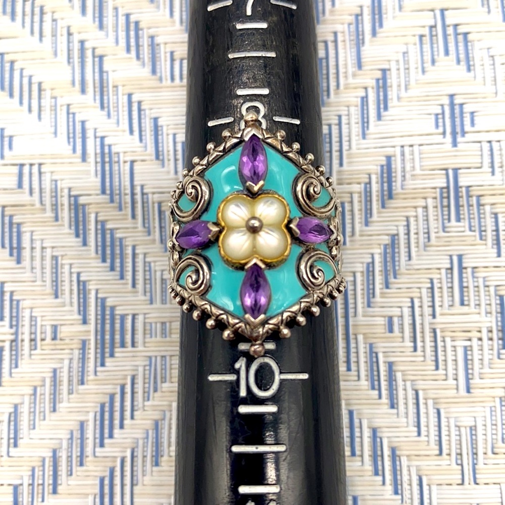 Barbara Bixby amethyst & MOP turquoise enamel ring in size 9 💚💙 - Picture 3 of 9